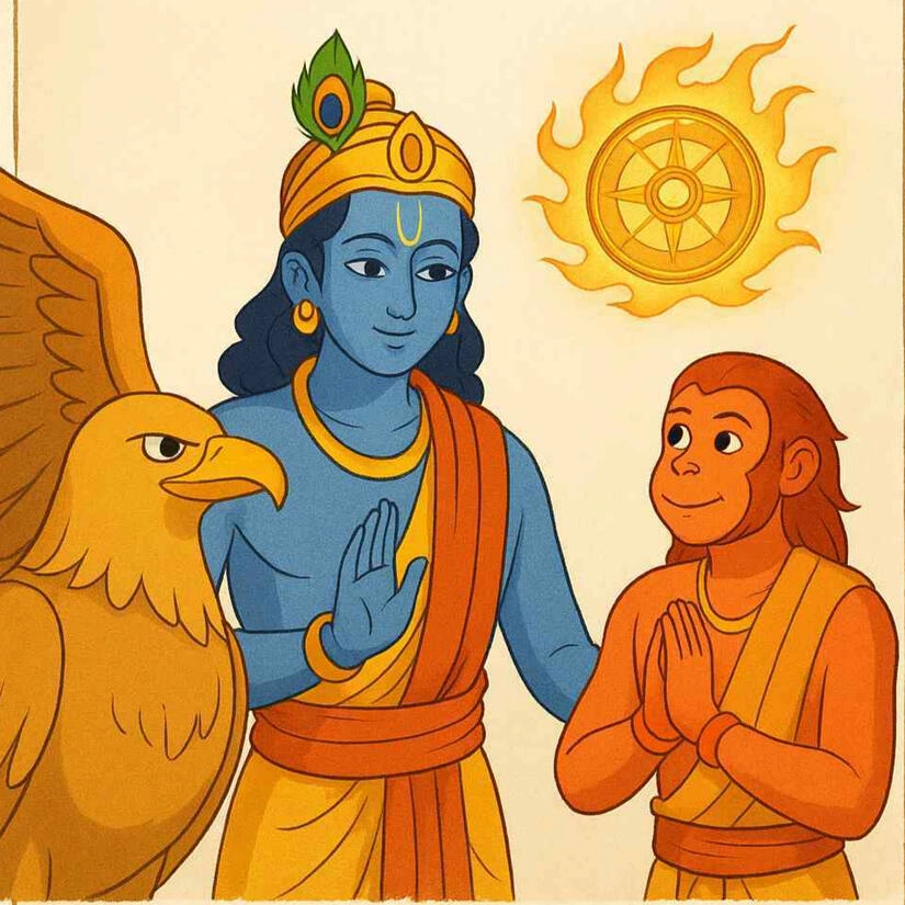 Hanuman, Garuda and Krishna children's story illustration