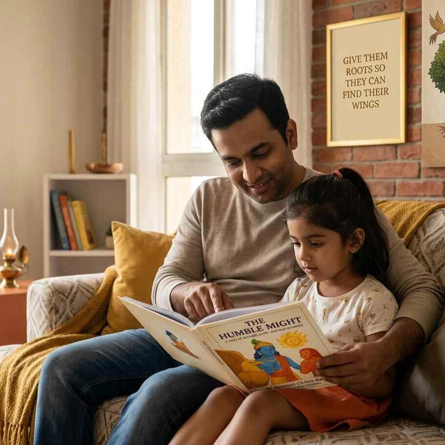 Father and daughter reading The Humble Might together at home